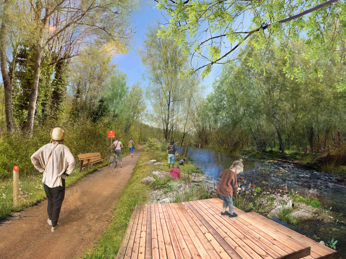 wooden platform with child watching a creek and walking path. rendering