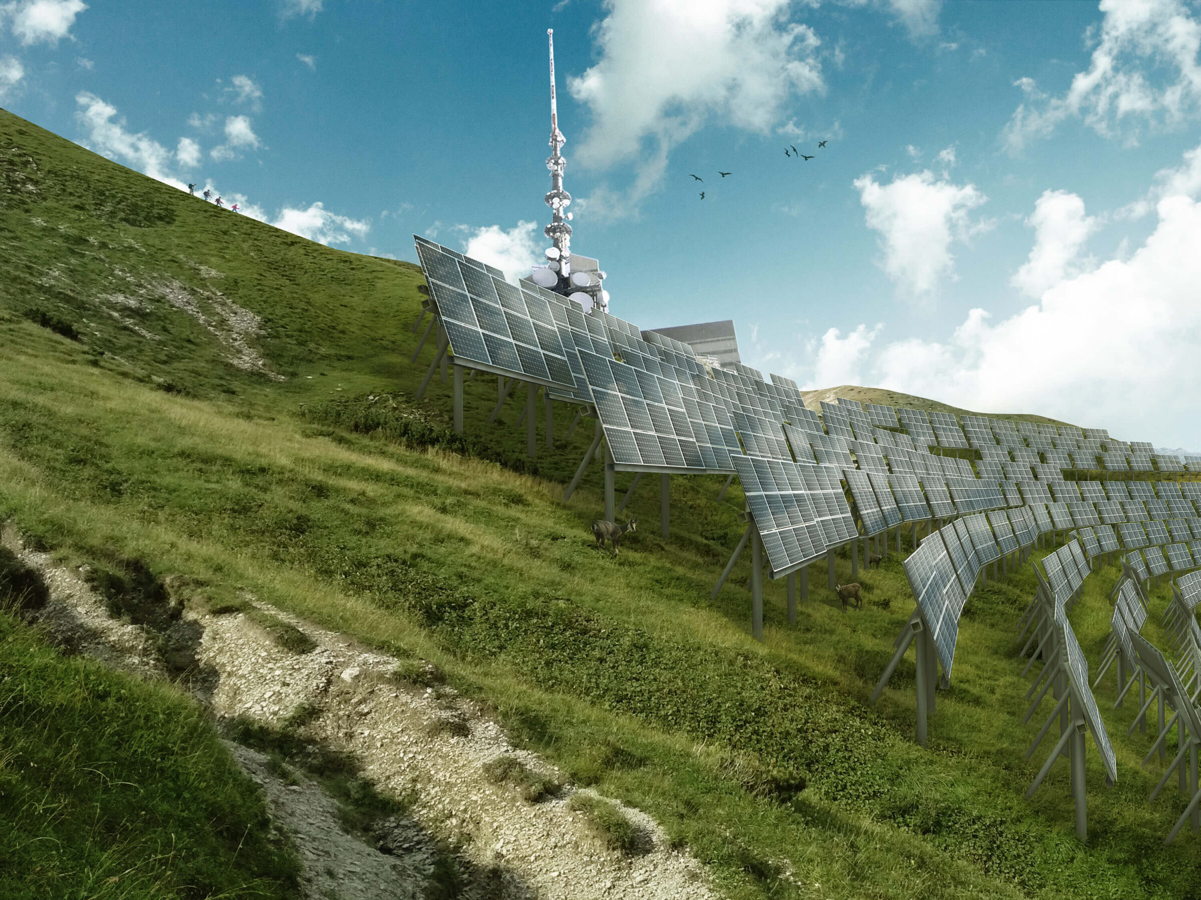 Solar Panels on a mountain with blue sky and some clouds