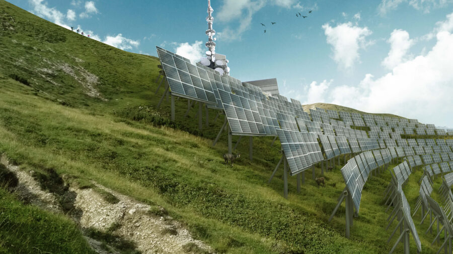 Solar Panels on a mountain with blue sky and some clouds