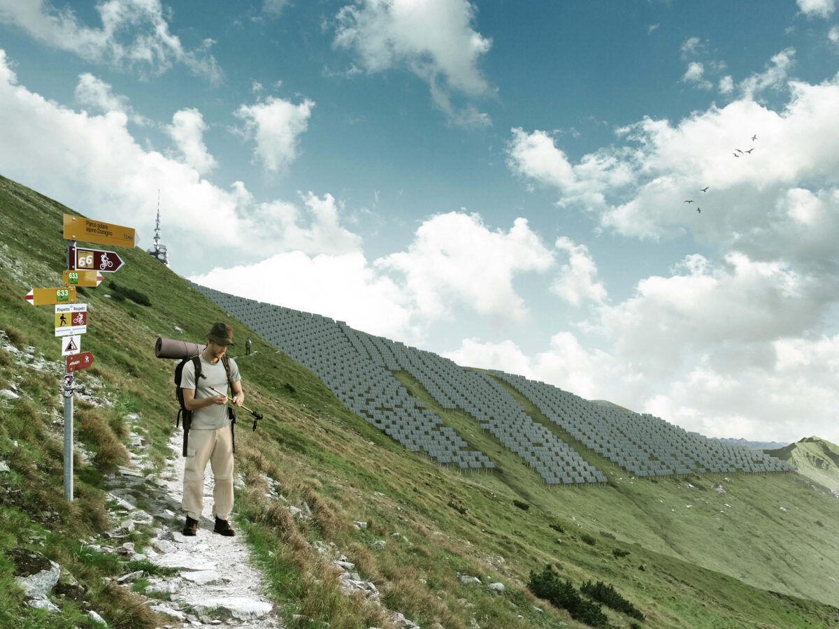 Trekking near to an Alpine Solar Park with solar panels in the background