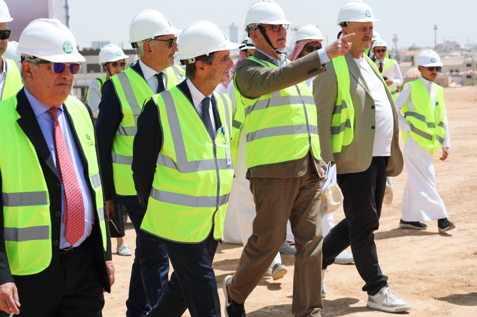 Walking men with work helmets and costumes