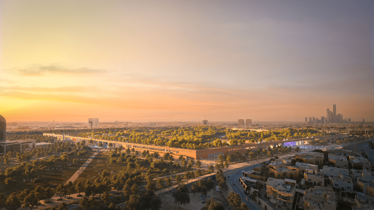 Aerial view of a park in the distance.