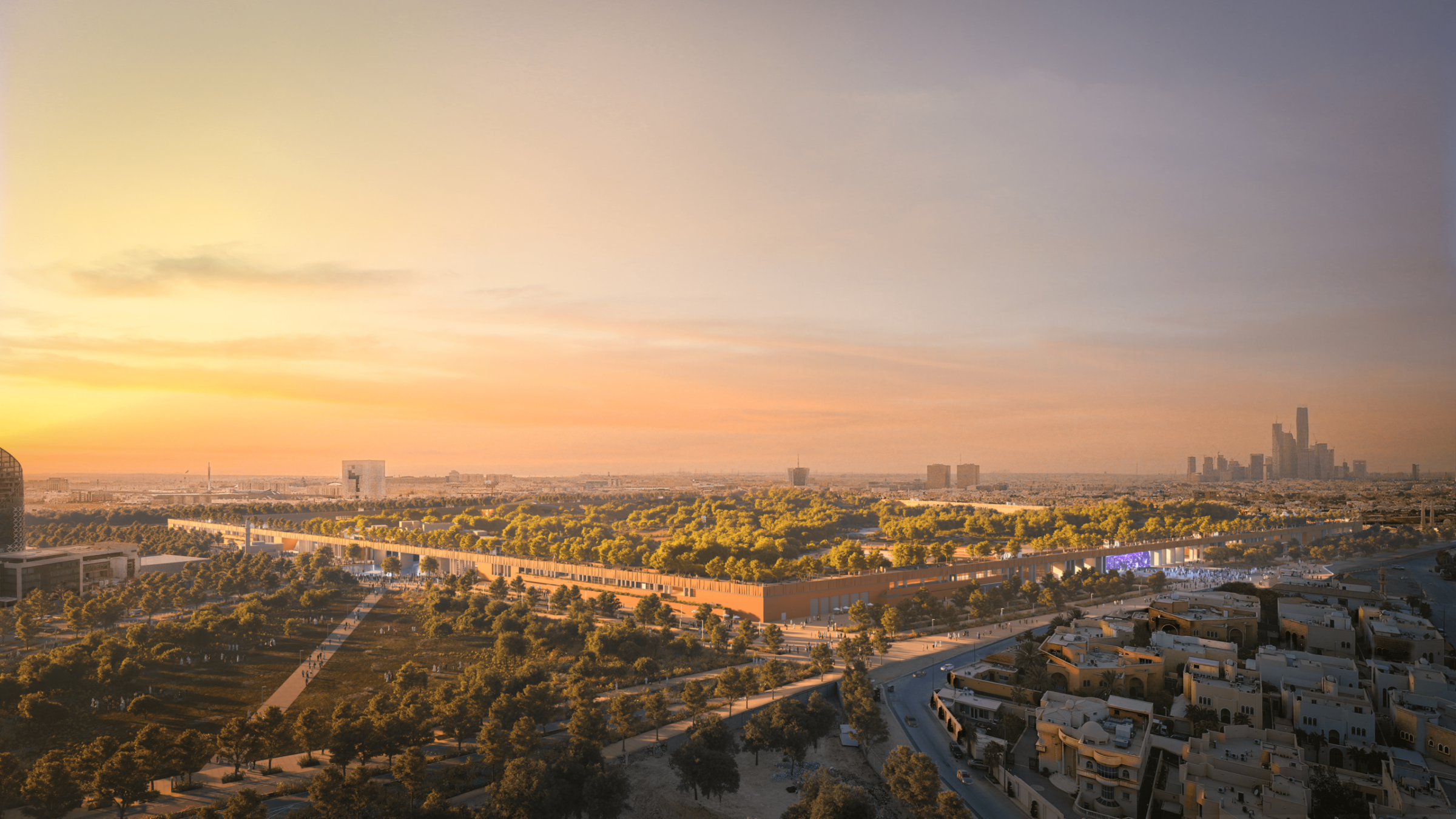 Aerial view of a park in the distance.