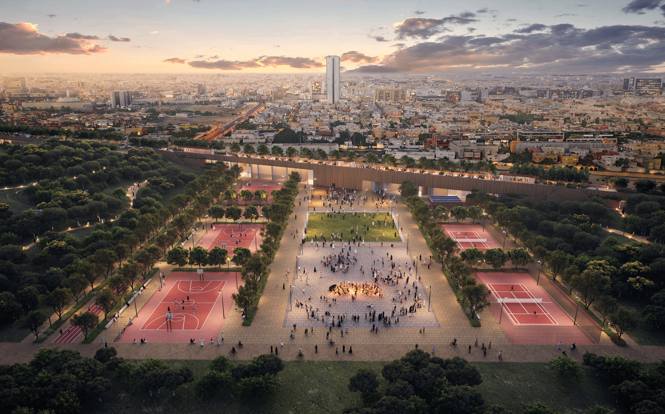 A digital model of a sport esplanade in the distance