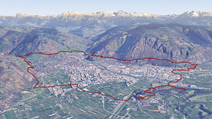 Aerial image of Bolzano with the newly to built Ringpromenade as a hand drawn sketch