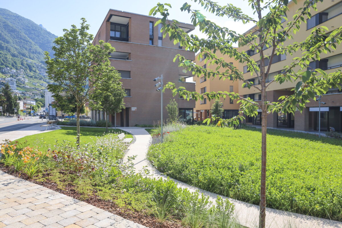 Pathway with lawn and residential complex