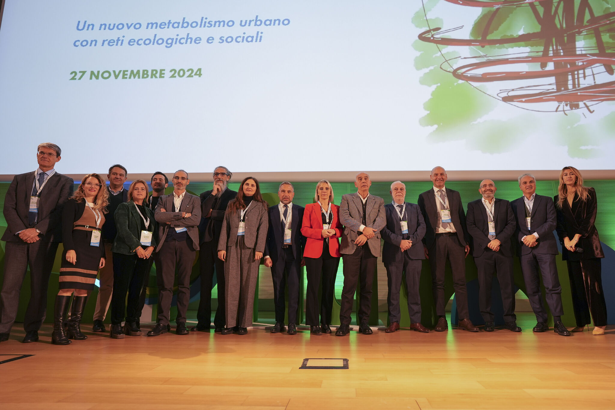 Group picture of white caucasian people in business dresses on a stage